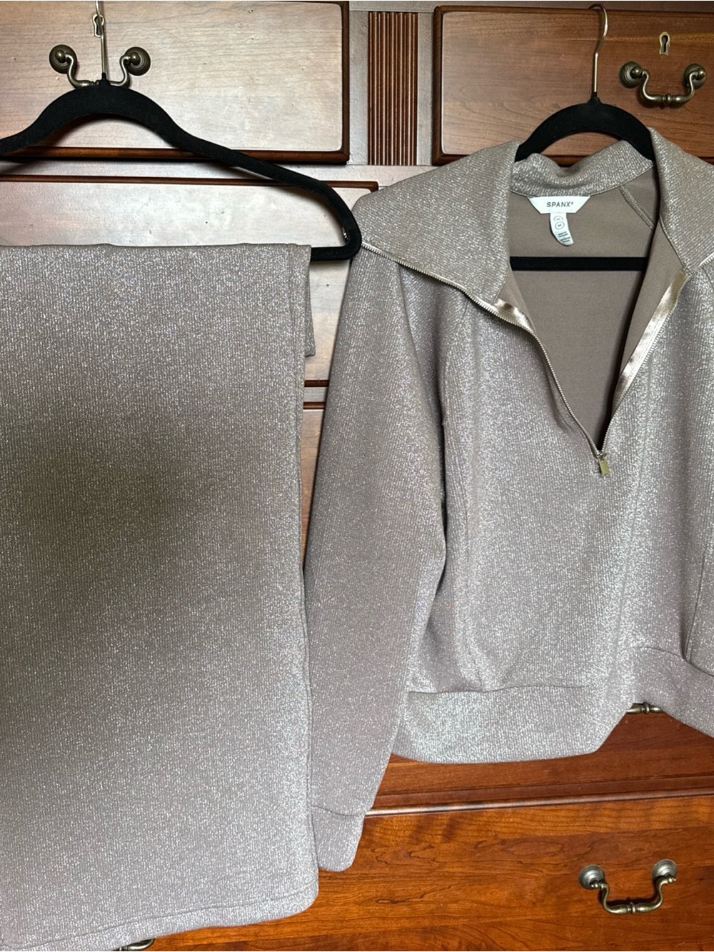 SPANX Metallic Taupe wide leg pant & Quarter zip top lounge Set size medium
